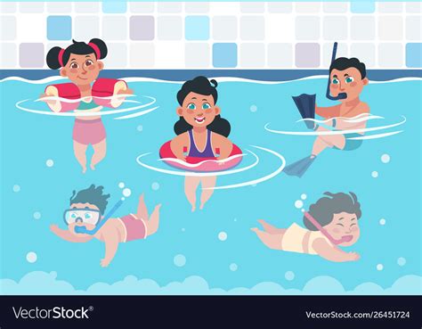 Swimming kids cartoon happy children in a pool Vector Image