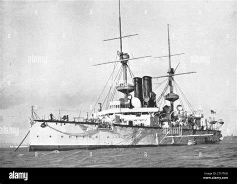 . British battleship HMS Centurion of 1892, at Spithead. Photograph by Symonds and Co of ...