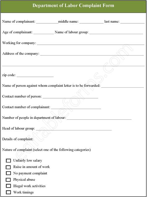 Department of Labor Complaint Form | Editable PDF Forms