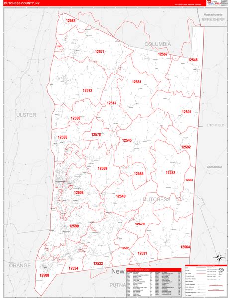 Dutchess County, NY Zip Code Wall Map Red Line Style by MarketMAPS