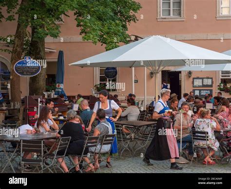 Beer garden in Weltenburg Abbey at Danube Gorge, Danube, Bavaria ...