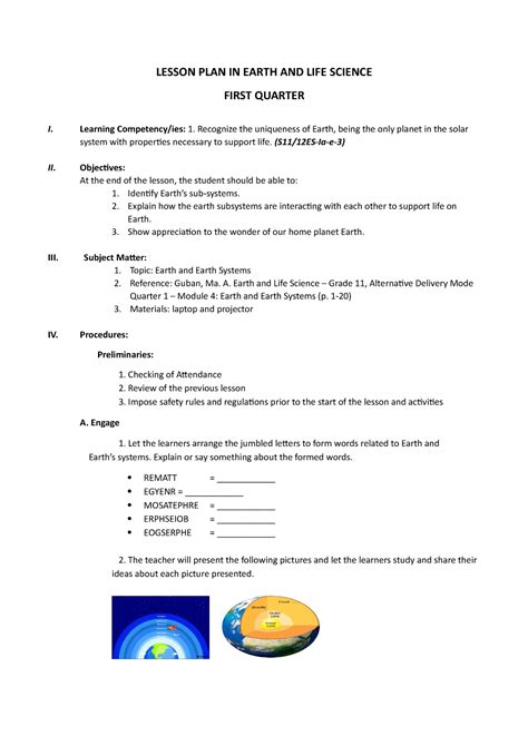 Lesson PLAN IN Earth AND LIFE Science - LESSON PLAN IN EARTH AND LIFE SCIENCE FIRST QUARTER I ...