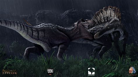 an image of two dinosaurs fighting in the rain