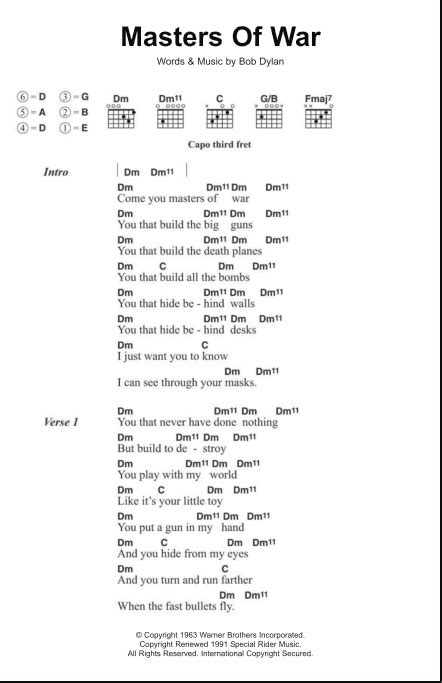 Masters Of War - Guitar Chords/Lyrics | zZounds