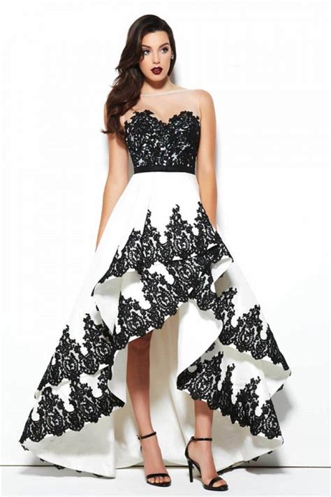 Lovely Illusion Neckline High Low White And Black Taffeta Lace Prom ...