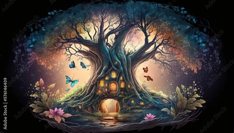 Magical tree house in an enchanted mystical forest with small houses built into trunk and root ...