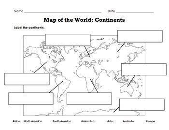 Label Map of the World: Continents, Oceans, Mountain Ranges by TeachPlanLove