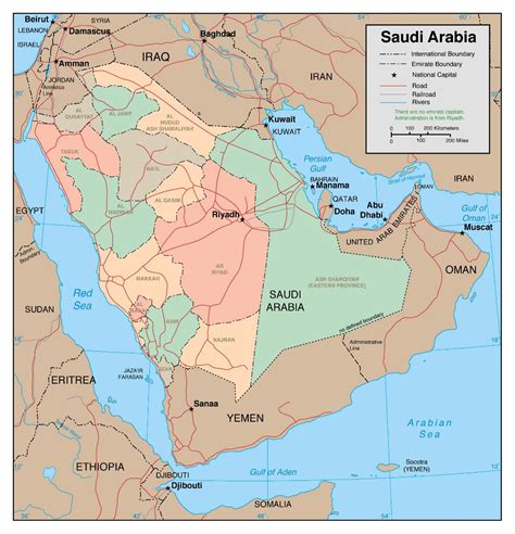 Large detailed political and administrative map of Saudi Arabia with roads, railroads and major ...