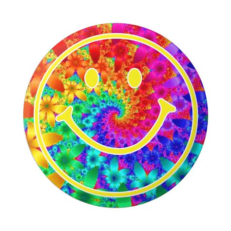 Smiley Face Over Fractal Rainbow of Flowers - Button / Pinback or ...