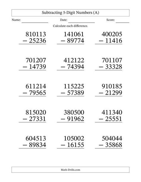 Subtracting 5-Digit Numbers With All Regrouping (15 Questions) Large ...