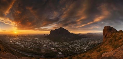 Premium AI Image | A sunset view from the top of a mountain with a mountain in the background.