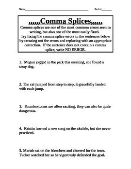 Comma Splice Practice by Siebstuff | Teachers Pay Teachers