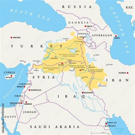 kurdistan region political map. kurdish inhabited areas in the middle ...