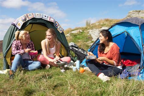 Group of Teenage Girls on Camping Trip in Countryside Stock Photo ...