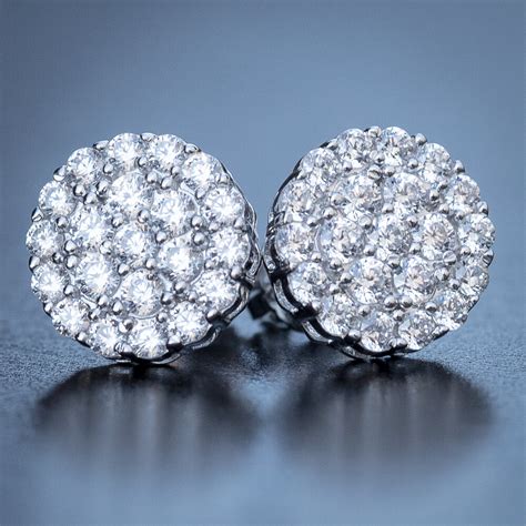 Mens Round Silver Diamond Cluster Earrings