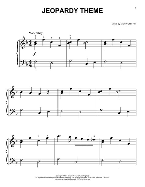 Jeopardy Theme by Merv Griffin Sheet Music for Big Note Piano at Sheet ...