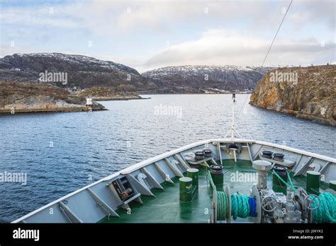 Hurtigruten ship, MS Richard With, makes its way through the narrow ...