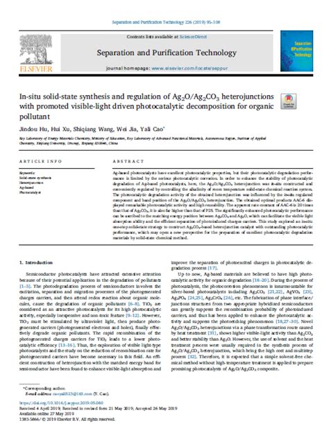 In-situ solid-state synthesis and regulation of Ag2O/Ag2CO3 heterojunctions with promoted ...