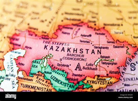 Kazakhstan Uzbekistan Kyrgyzstan map atlas country view regions cities name names words Stock ...