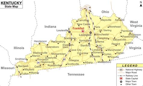 Kentucky Map, Map of Kentucky State (KY)- Highways, Cities, Roads, Rivers