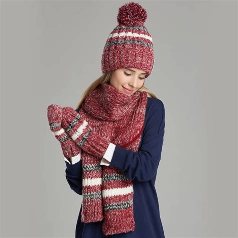 Women Knitted Hat Scarf Glove Sets Fashion Casual Elegant Winter Hats Scarves Gloves Three Piece ...