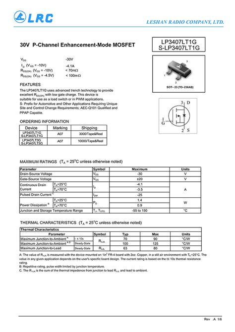 LP3407LT1G A07 SOT-23 MOSFET P-channel -30V-4.1A | QSKJ