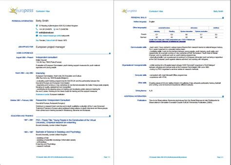 Sample of Europass CV Template from Europass - SmartResume