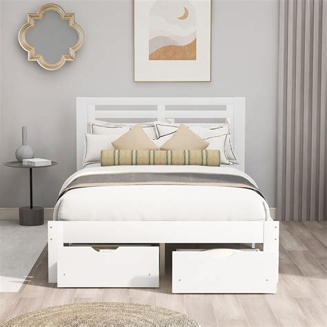 Full Size Wooden Bed Frame with Storage Drawer White