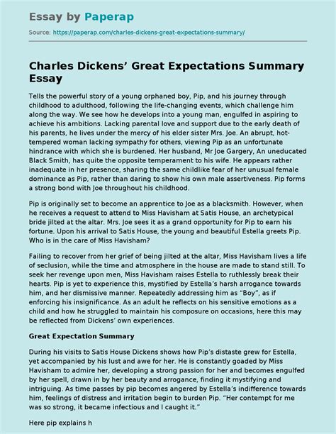 Charles Dickens’ Great Expectations Summary Free Essay Example