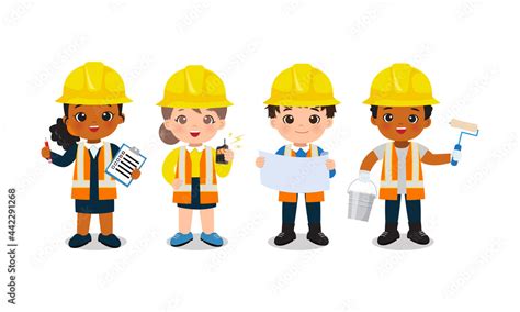 Children occupation clip art. Team of engineer and builder. Flat vector character cartoon design ...