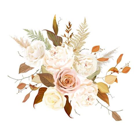 Moody boho chic wedding vector bouquet. Warm fall and winter tones. Orange red, taupe, ivory ...