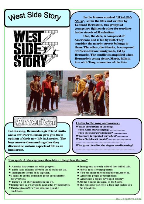 West Side Story 'America' song and n…: English ESL worksheets pdf & doc