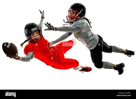 two women teenager girls american football players isolated on white ...