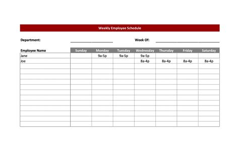 Printable Employee Work Schedule Template