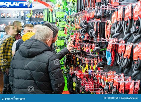 Kyiv, Ukraine, February 28, 2020: Buyers Choose Bike Accessories at the ...