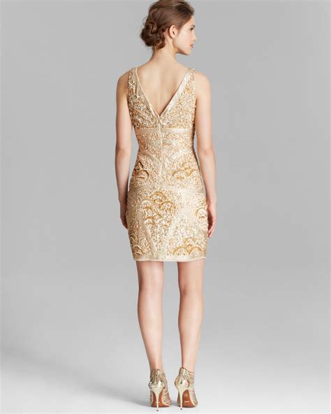 Aidan Mattox Dress Sleeveless Double V Neck Beaded in Light Gold (Metallic) - Lyst