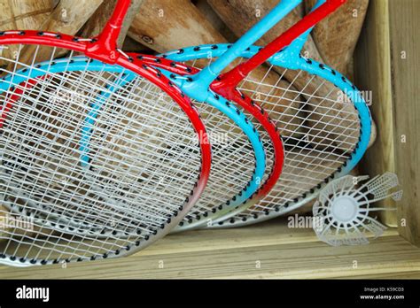 Outdoor games equipment in a box Stock Photo - Alamy