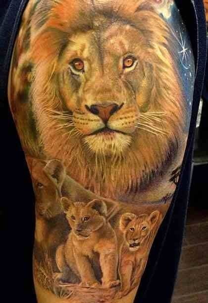 Lion family tattoo on half sleeve - Tattooimages.biz