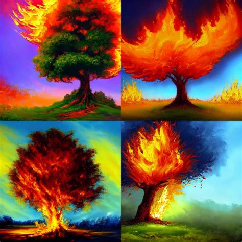 a stunning painting of a tree on fire by Bob Ross, his | Stable Diffusion