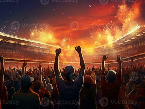 Digital painting of Support back view of cricket, cricket fans cheering their team generative ai ...