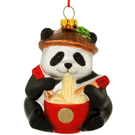 Panda Eating Noodles Glass Ornament