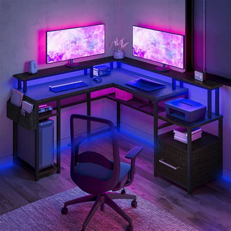 BELLEZE Computer Desk with Monitor Stand and File Cabinet, 104" Long Gaming Desk with RGB LED ...