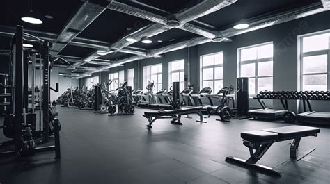 Black And White Gym Room With A Row Of Equipment Background, Picture Of ...