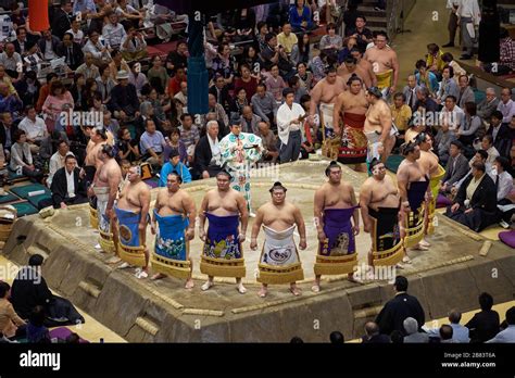 Sumo wrestlers entering sumo wrestling ring for closing ceremony tradition at 2013 September ...