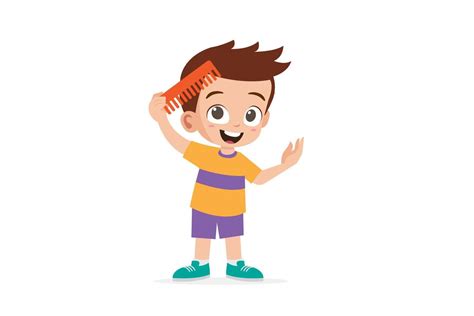 Cute little boy brush his hair with hair comb vector illustration ...