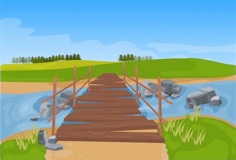 Cartoon of the small wooden bridge in the woods | Premium Vector