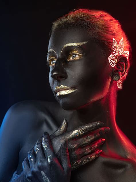 body painting, makeup, cosplay, portrait, dark skin, afro, africa, black leather, model, girl ...