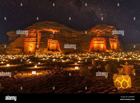 Starlight sky over the ancient nabataean tombs of Hegra city ...