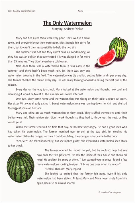 The Only Watermelon Reading Comprehension Worksheets - WorksheetsCity