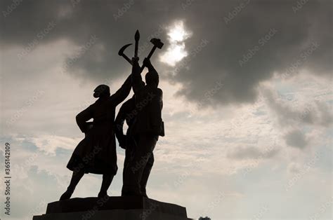 Juche Tower over dramatic sky background, Pyongyang, North Korea Stock ...